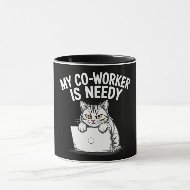 Caneca Engraçado "Meu Colega de Trabalho é Carente" Gato  (Centro)