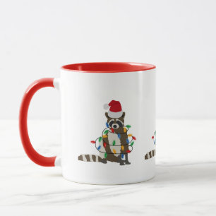 Caneca Engraçado Natal Raccoon Santa Hat Luzes de Natal
