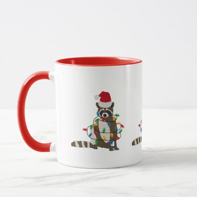 Caneca Engraçado Natal Raccoon Santa Hat Luzes de Natal (Esquerda)
