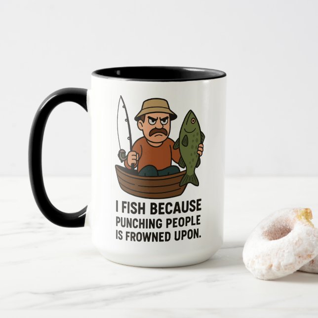 Caneca Engraçado - Presente de Cartoon do Pescador Irrita (Com Donut)