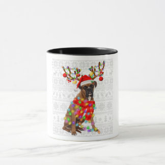 Caneca Engraçado Reindeer Boxer Cachorro Luzes de Natal