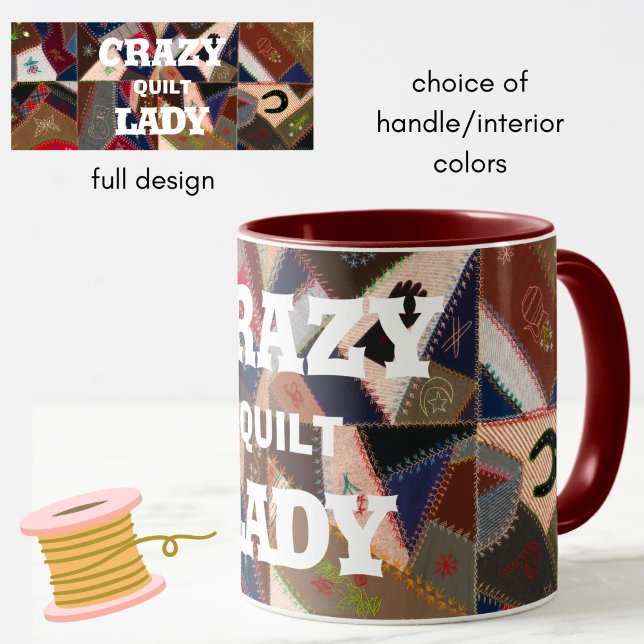 Caneca Engraçado "Senhora Louca de Quilt", Coleção de Pat (A funny vintage patchwork quilt pattern mug, for the "crazy quilt lady" quilter or sewer!)
