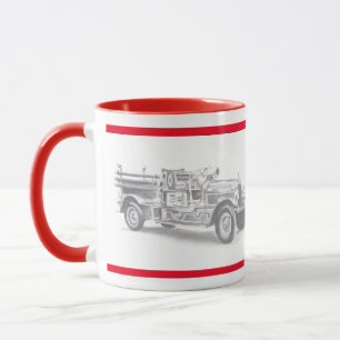 Caneca esboço a lápis de caminhão de bombeiros antigo des