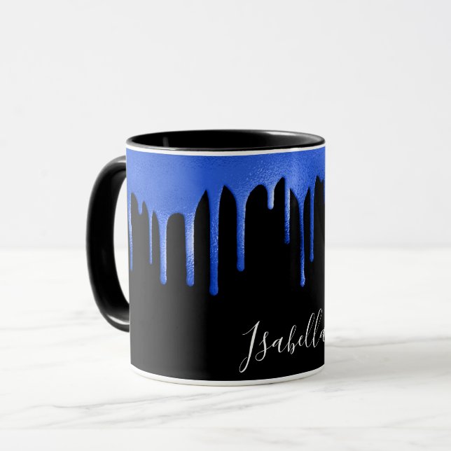 Caneca Escrita de nome do brilho azul real preto (Frente Esquerda)