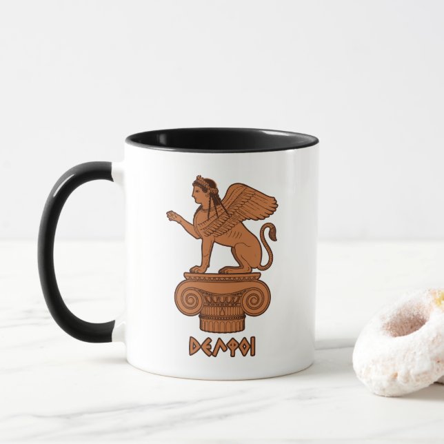 Caneca Esfinge em Delfos - Figura Vermelha Grega Antiga (Com Donut)