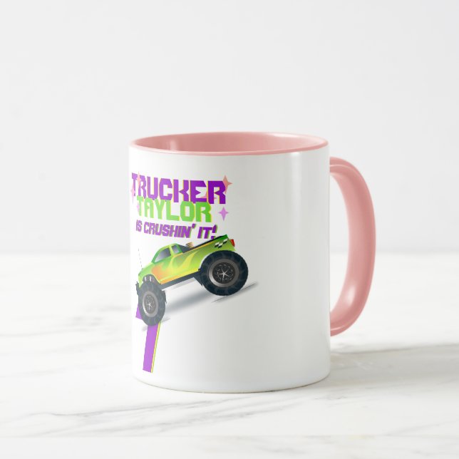 Caneca Esmagando-o MONSTER TRUCK PINK NOME DA IDADE DE An (Frente Esquerda)