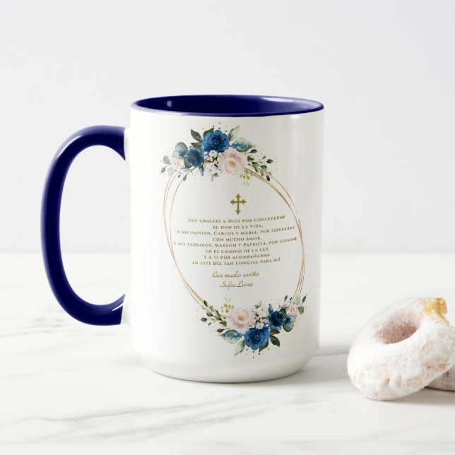 Caneca Espanhol Azul Floral Gracias Con Oración Bautizo (Com Donut)