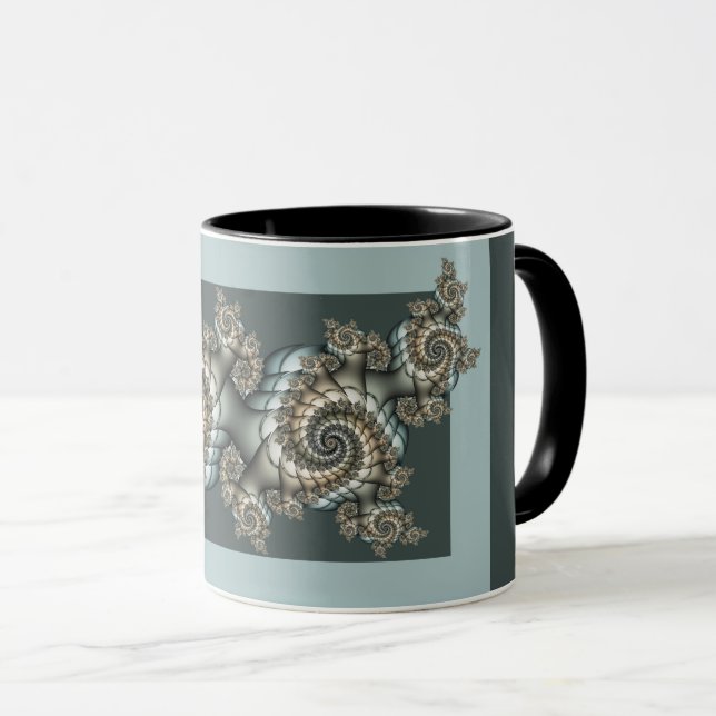 Caneca Espirais de Arte Fractal Azul-abstrato Beige (Frente Esquerda)