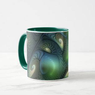 Caneca Espirais Teal Beige Verde Abstrato Fractal
