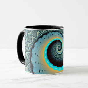 Caneca Espiral de Arte Fractal Laranja abstrato azul Turq