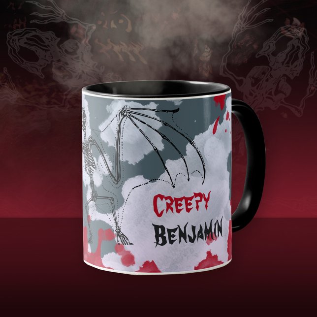 Caneca Esqueleto de Bat de Halloween assustador Seu Nome (Creepy Halloween Bat Skeleton Your Name Mug ©Susanne Sachers - Sunny Mind Design 🌞)