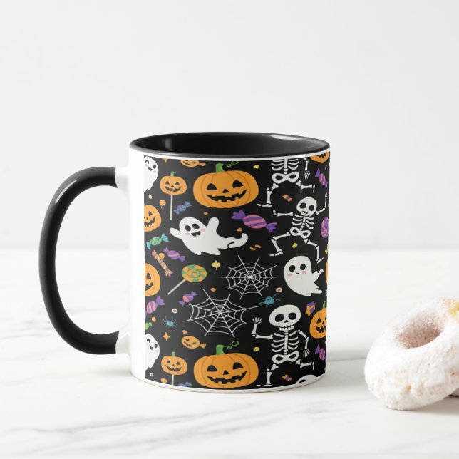 Caneca Esqueletos Fofos e Assustadores para o Halloween (Com Donut)