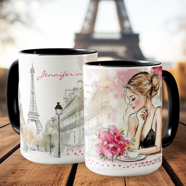 Caneca Esquema de Aquarela da cidade de Paris com café fe (Watercolor Sketch of Paris City with Woman Coffee Mug)