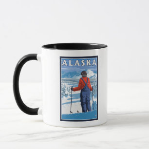 Caneca Esqui no poster das viagens vintage de Alaska