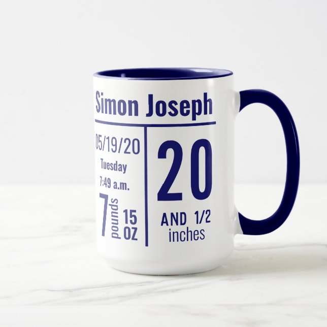 Caneca Estatística de Nascimento de Bebê Menino Azul Meia (Direita)