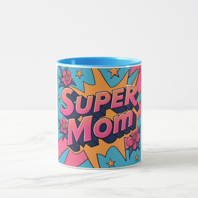 Caneca Estilo de banda desenhada Super Mãe Flores Estrela (Centro)
