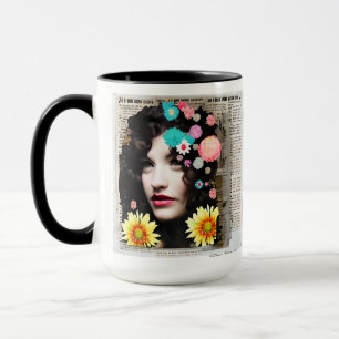Caneca Estilo de Colagem de Papel   Mulheres e Flores