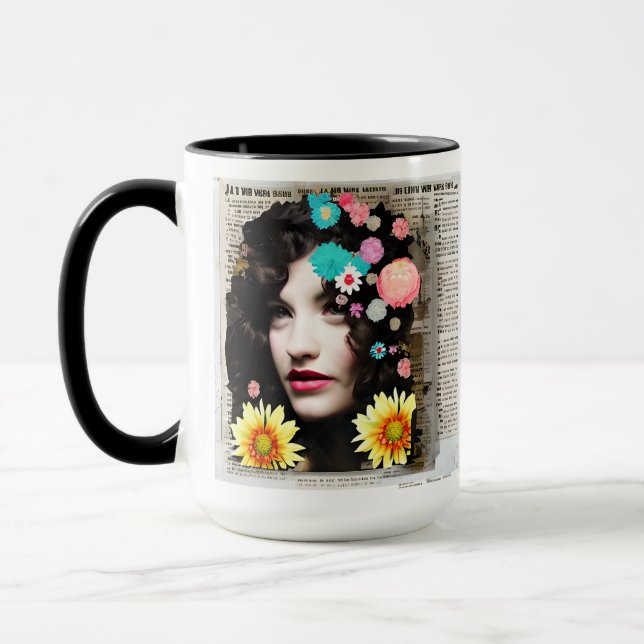 Caneca Estilo de Colagem de Papel | Mulheres e Flores (Esquerda)