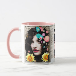 Caneca Estilo de Colagem de Papel | Mulheres e Flores