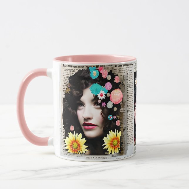 Caneca Estilo de Colagem de Papel | Mulheres e Flores (Esquerda)