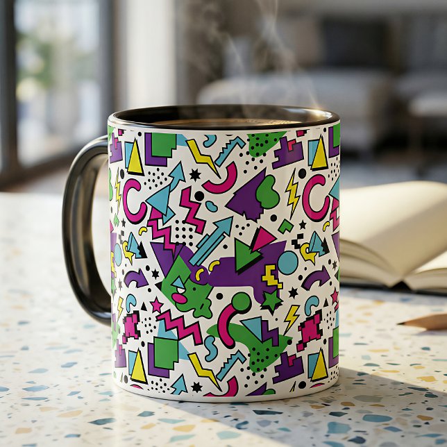 Caneca Estilo Memphis Verde Turquesa Roxo Retro dos Anos  (Criador carregado)