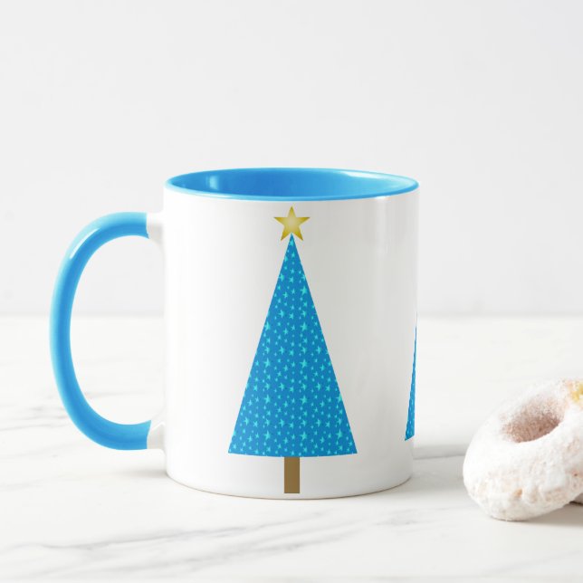 Caneca Estrelas azuis retro árvore de Natal moderna Coffe (Com Donut)