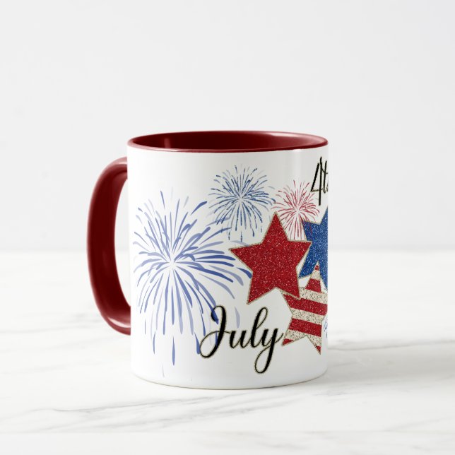 Caneca Estrelas de fogos de artifício e Stripes 4 de julh (Frente Esquerda)