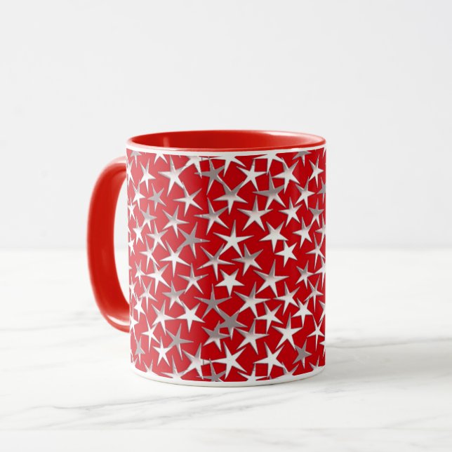 Caneca Estrelas de Textura Metálica de Prata em Vermelho  (Frente Esquerda)