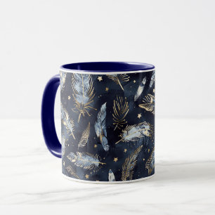 Caneca Estrelas Penas Douradas Azuis