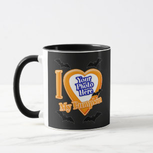 Caneca Eu Amo Minha Pumpkin Com Sua Foto Com Morcegos