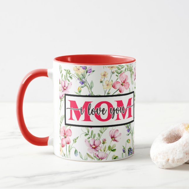 Caneca "Eu Amo Você MÃE" Floral Aquarela Rosa (Com Donut)