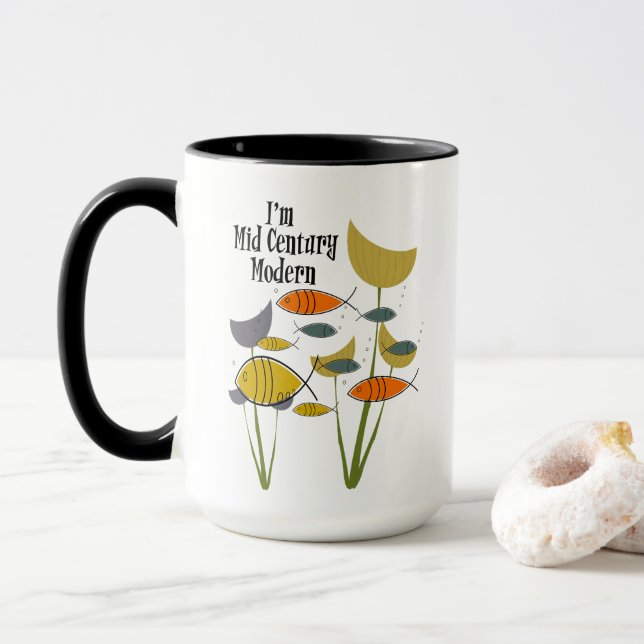 Caneca Eu sou Mid Century Modern Retro Peixes Nadando Pla (Com Donut)