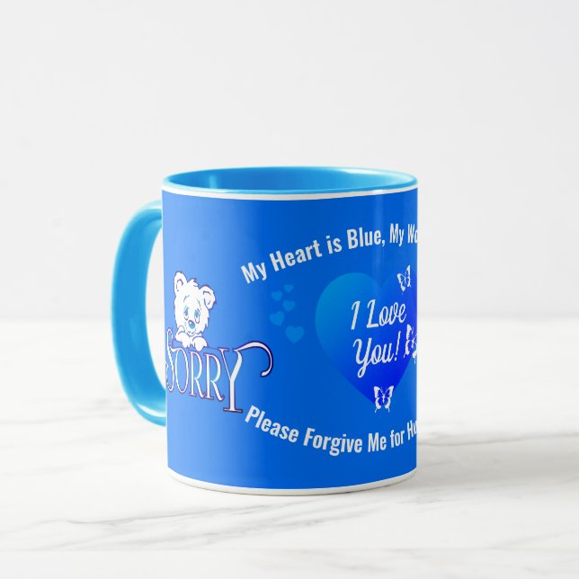 Caneca EU TE AMO com Stristeza Urso no Azul (Frente Esquerda)