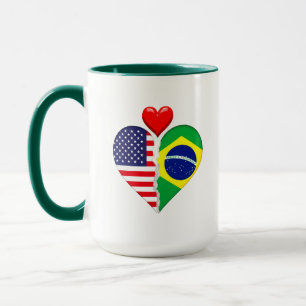 Caneca EUA Brasil Corações bandeiras Heranças Hispanas