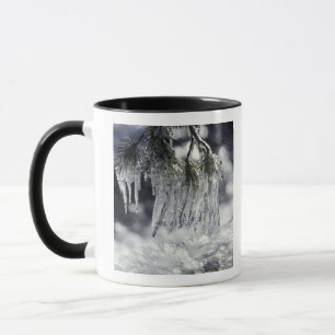 Caneca EUA, Califórnia, Lago Tahoe. Pingentes de gelo sob