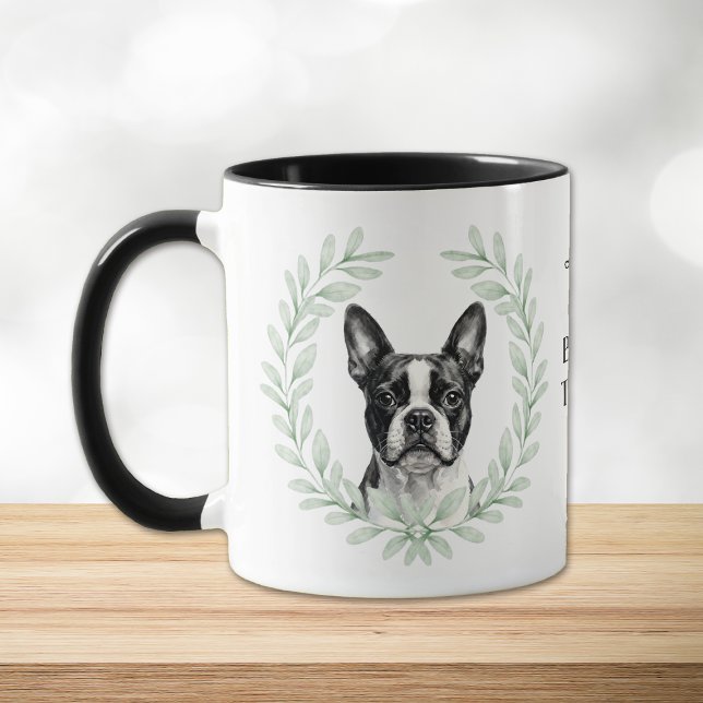 Caneca Eucalyptus Wreath Boston Terrier Dog Monogram (Criador carregado)