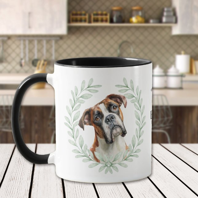 Caneca Eucalyptus Wreath Boxer Dog Monogram (Criador carregado)