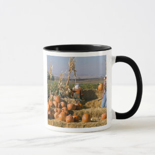 Caneca Exposição de abóbora com fardos de feno e espantal