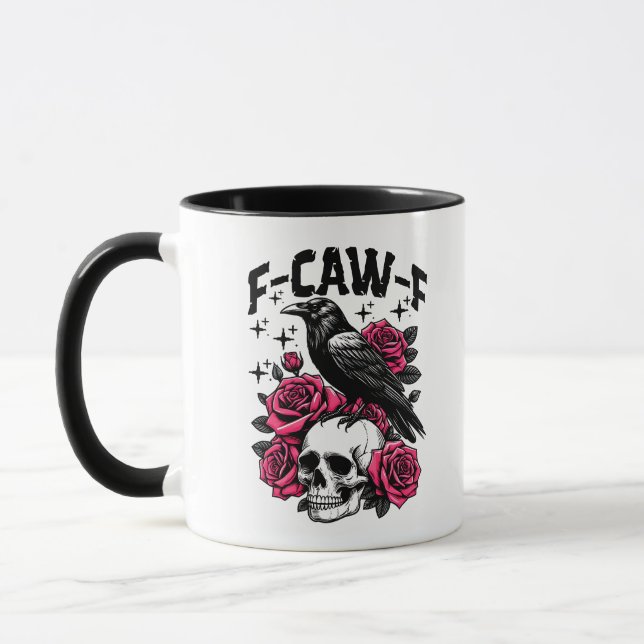 Caneca "F-CAW-F" Gothic Crow Skull & Pink Roses Mug (Esquerda)