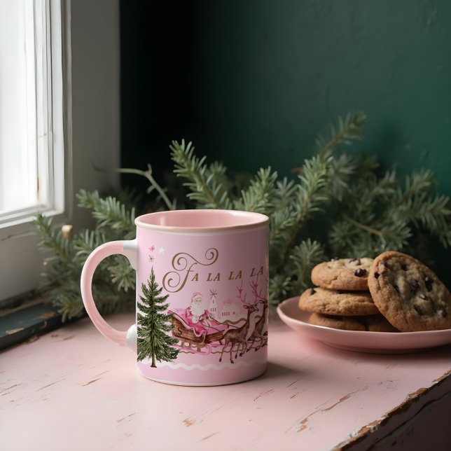 Caneca Fa La Feliz Papais noeis de Natal Rosa Seligh Rein (Fa La Merry Pink Christmas Santa Seligh Reindeer Mug)
