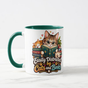 Caneca Facilmente Distraído por Gatos e Livros Amante de