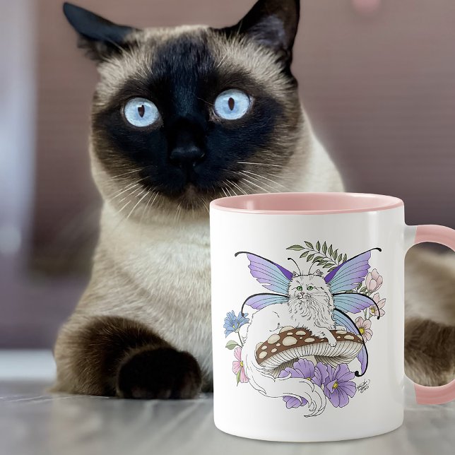 Caneca Fada Felina Branca Caprichosa Cogumelo Azul Fantas (Criador carregado)