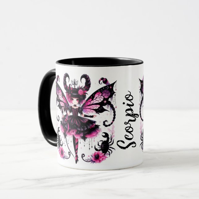 Caneca Fada Gótica Rosa Preto Escorpião Astrologia Zodíac (Frente Esquerda)