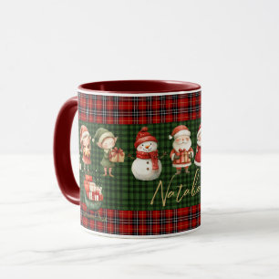 Caneca Fadas Elfos do Papai Noel Feliz Natal Xadrez Verde