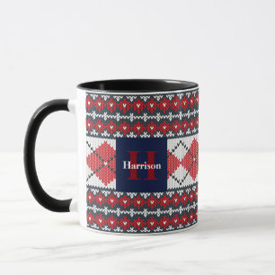 Caneca Fair Isle Argyle Blue e Red Monogramas