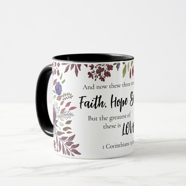 Caneca Faith Hope ama Escritura Religiosa Citação Floral (Frente Esquerda)