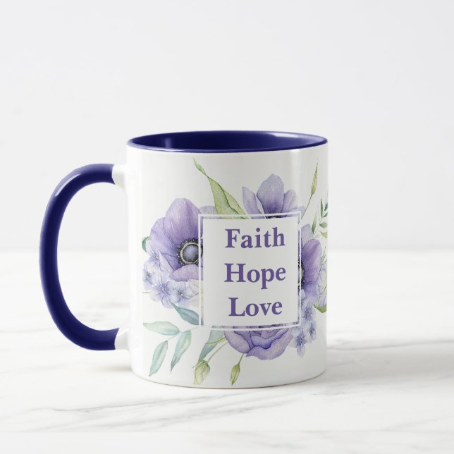 Caneca Faith Hope Love com flores de aquarela Monograma (Esquerda)