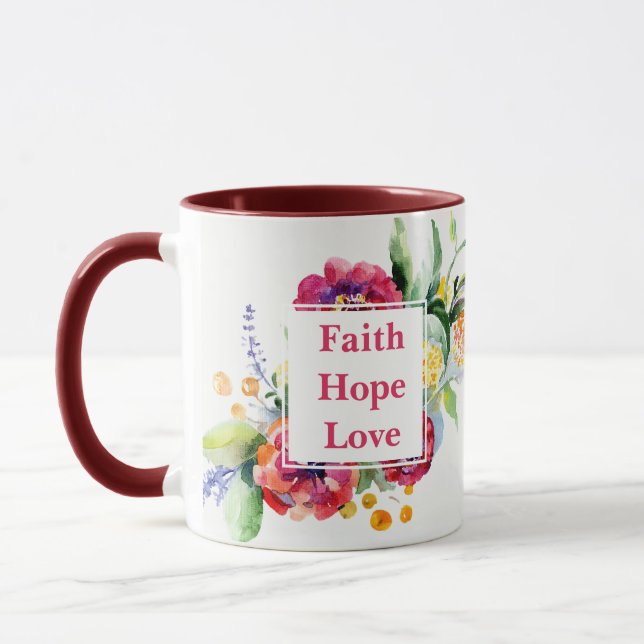 Caneca Faith Hope Love com flores de aquarela Mug (Esquerda)