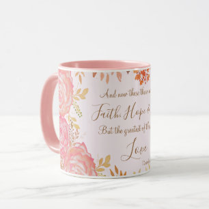 Caneca Faith Hope Love Scripting Floral Rosa Dourado Rosa