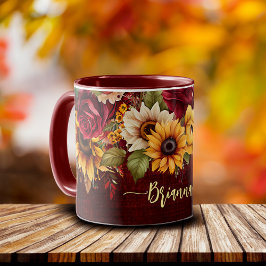 Caneca Fall outono temático burgundy rosas girassóis